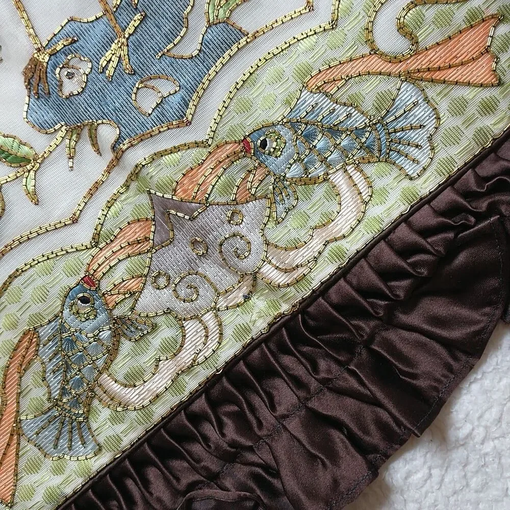 VTG GoldenCloud Pillow Cover Bird Flower Fish Silk Rayon Embroidered Ruffle